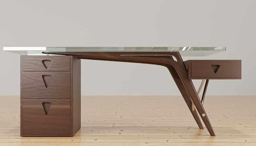 Bureau de designer en bois avec des formes de pieds originales et un plateau en verre